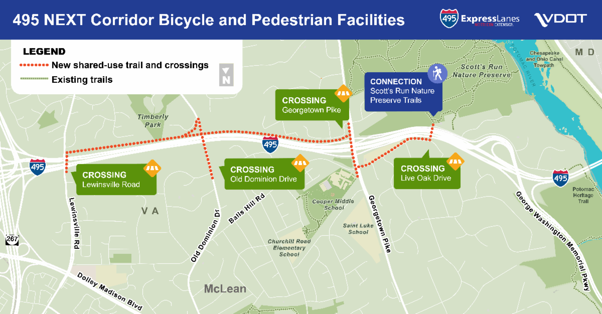 Map graphic showing 495 bicycle and pedestrian shared-use trail in McLean, VA. Trail runs parallel to I-495 from Lewinsville Road to Live Oak Drive, crossing over the Beltway at Lewinsville Road, Old Dominion Drive, Georgetown Pike, and Live Oak Drive. 