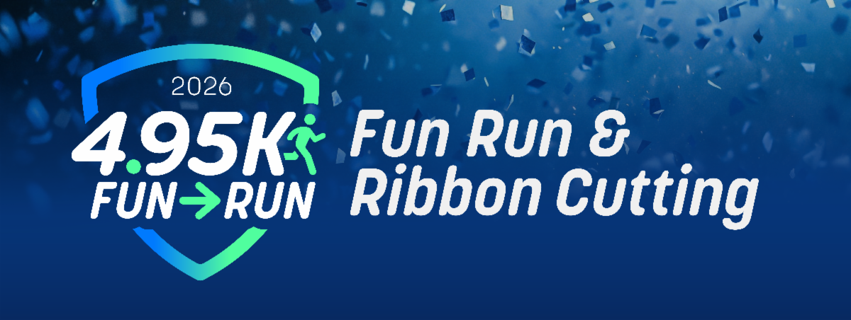 Text appears on dark blue confetti background, reading "2026 4.95k Fun Run and Ribbon Cutting"