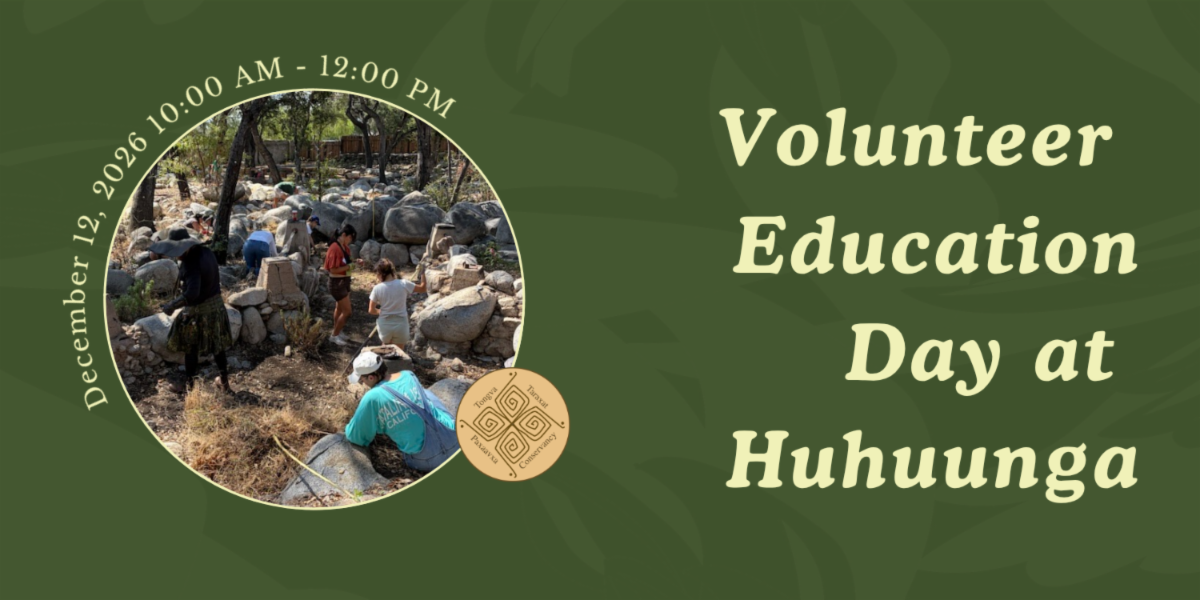 This green image reads, "Volunteer Education Day at Huhuunga, December 12, 2026, 10:00 am - 12:00 pm."