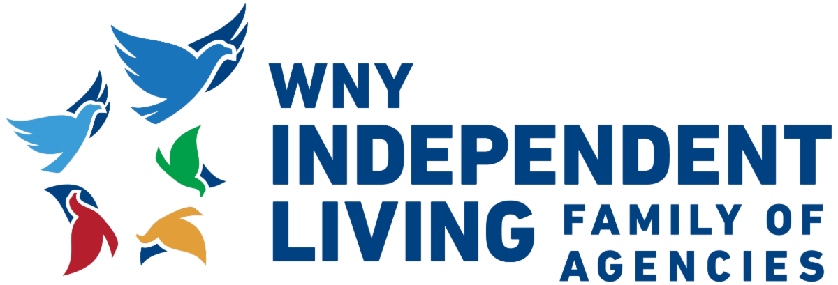 Image of WNYIL logo The text WNY Independent Living Family of Agencies appears to the right of 5 birds of differing colors flying in a circle. The birds increase in size the closer they are to the top of the circle. Each bird represents a different agency.