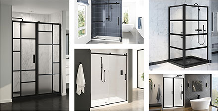 collage of 5 Fleurco shower doors in matte black.