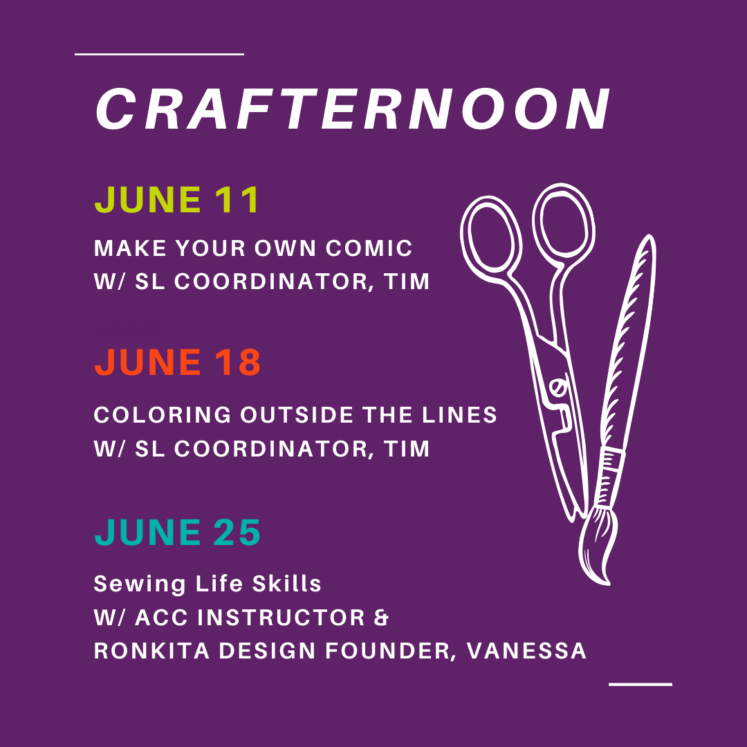 crafternoon on june 11 18 and 25 with student life