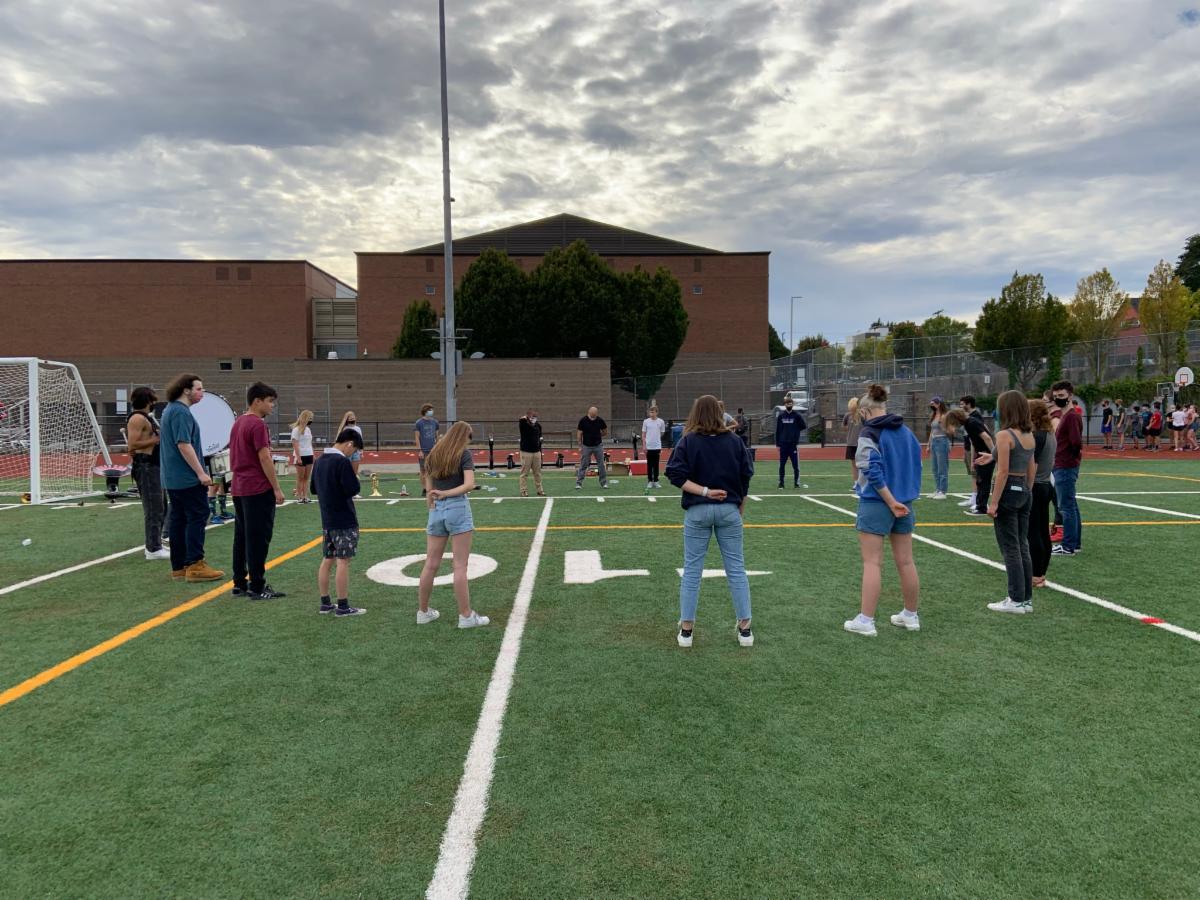 Photo of students preparing for band camp.