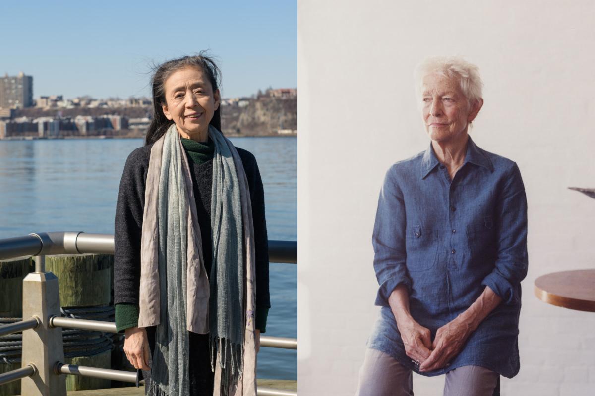 A composite of portraits of Eiko and Joan. Eiko stands smiling in front of a dark blue river and blurry cityscape are visible behind her. Her arms hang loosely by her sides. Joan sits on a tall seat and looks off to her right, gently smiling. 