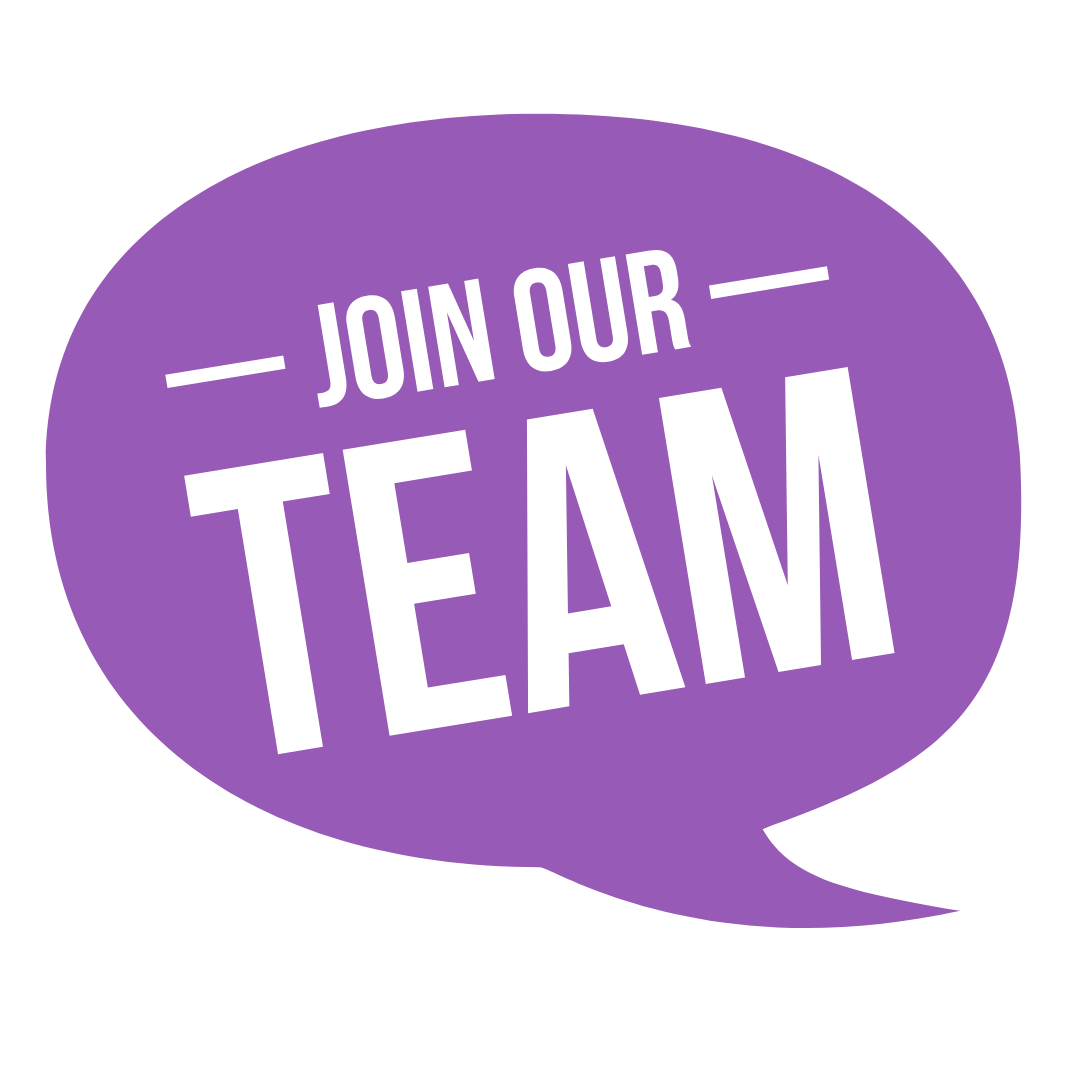 Join Our Team written in white in a purple speech bubble