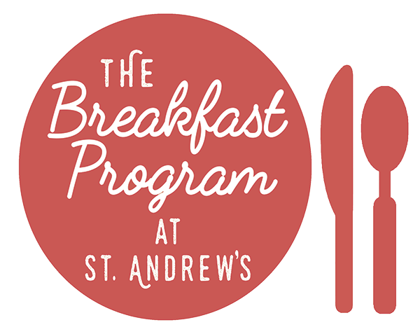 The Breakfast Program at St. Andrew's in white script on a light red plate with knife and spoon