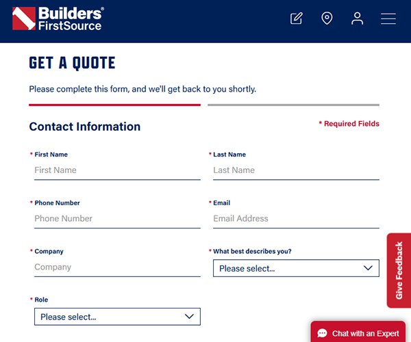 Builders FirstSource Get A Quote online form screenshot