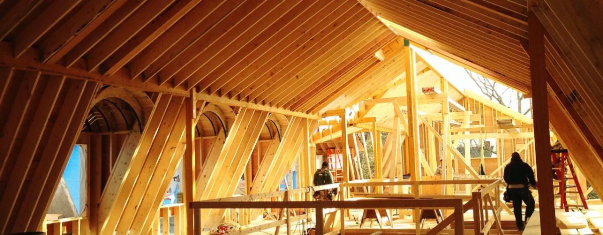 Precut rafters with dormers under construction inside view