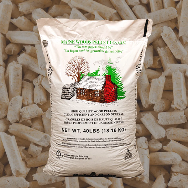 Maine Woods Pellet Co 40 LBS bag over image of pellets