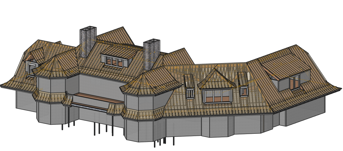 BFS-NE Custom Home view 1 Precut Roof Framing 3D plan front of house