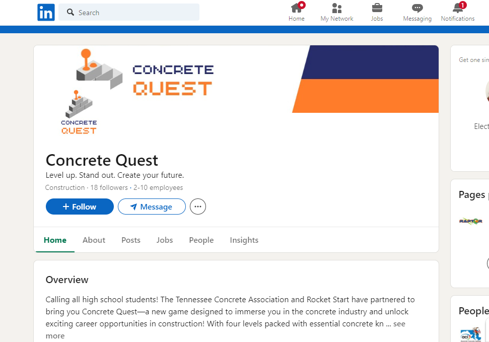 Screenshot of the Concrete Quest LinkedIn page showing the logo, tagline 'Level up. Stand out. Create your future,' and an overview inviting high school students to explore careers in the concrete industry through a new game by the Tennessee Concrete Association and Rocket Start.