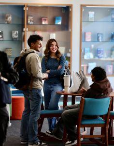 Students talking near the Ludden Library.