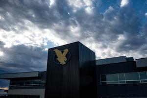 LCCC Eagle on the Clay Pathfinder building in the clouds.