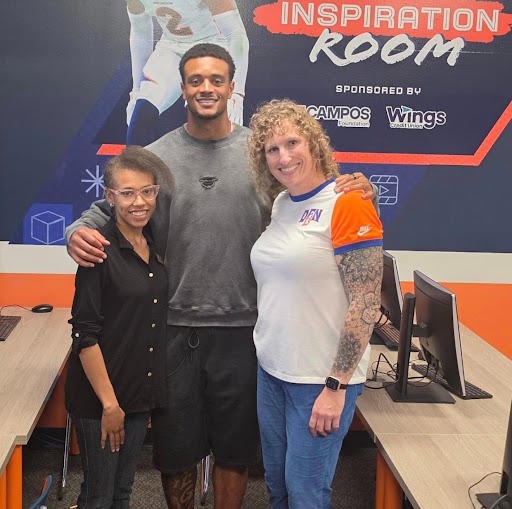 From left: Board Director Dr. Tiffany Tasker, Denver Bronco Patrick Surtain II and Columbia Middle School Principal Katie Law-Balding at the Patrick Surtain II STEAM Inspiration Room Grand Opening. 