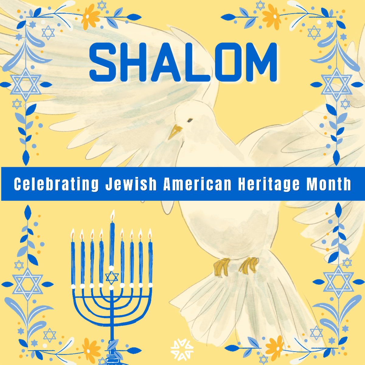 Banner for Celebrating Jewish American Heritage Month with the phrase Shalom and the drawing of a dove and menorah