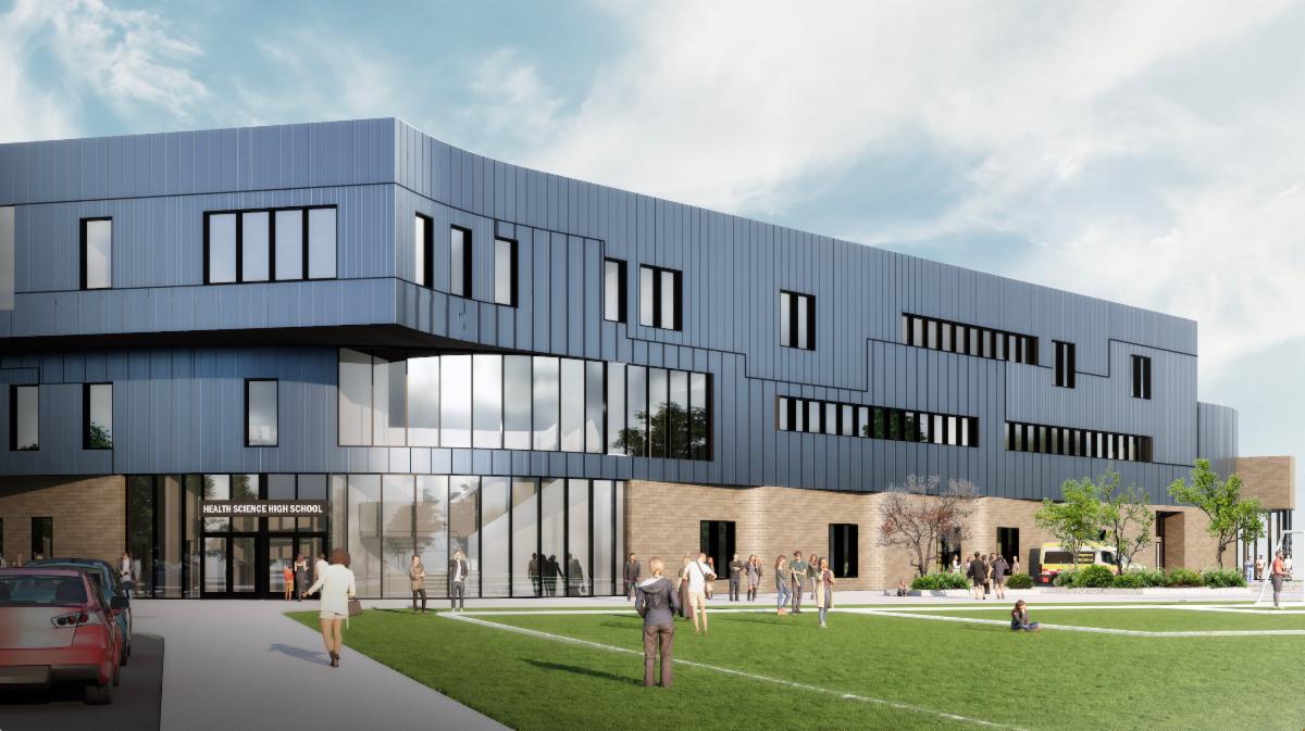 rendering of the new Health Sciences High School building