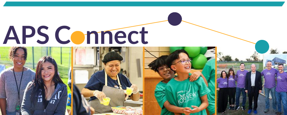 APS Connect banner for October 19 2026 with a photo collage of two pairs of smiling students, one cafeteria worker and Governor Jared Polis with staff members from the new Health Sciences High school