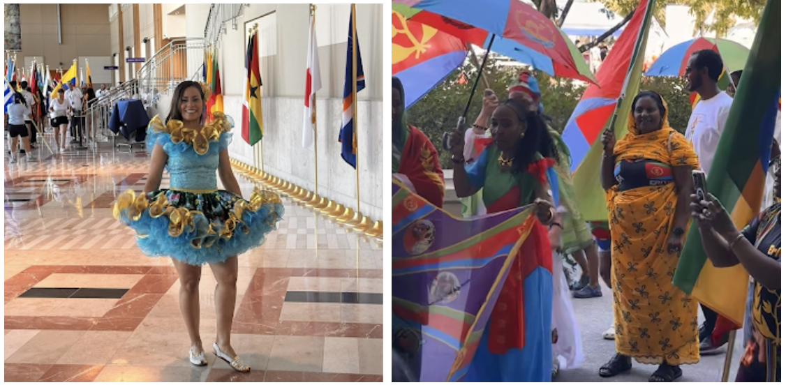 showing a dancer in a dress in the left photo and women wearing various traditional attire from around the world in the second photo