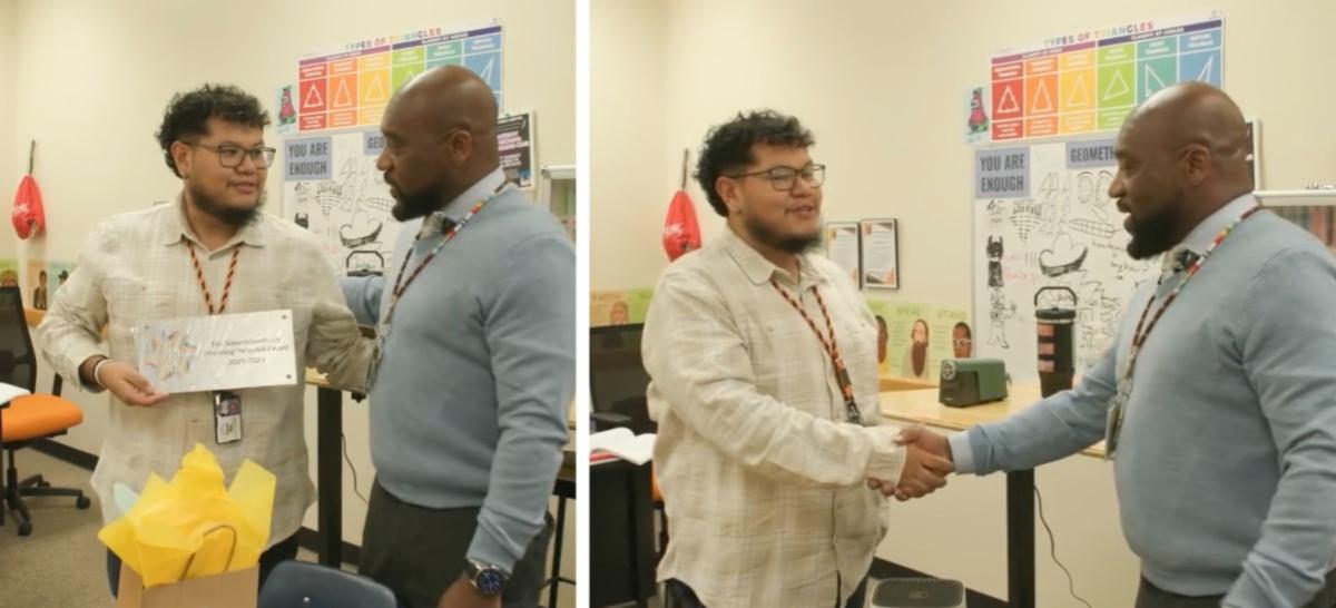 superintendent mike giving powering potential award to kevin morales