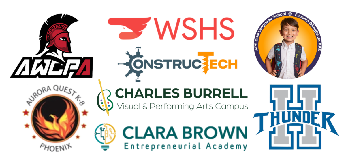 Logos for the following magnet schools and special admissions programs Dual Language School Aurora West College Preparatory Academy William Smith High School ConstrucTech Hinkley High School IB Programme Charles Burrell Visual and Performing Arts Campus and Clara Brown Entrepreneurial Academy