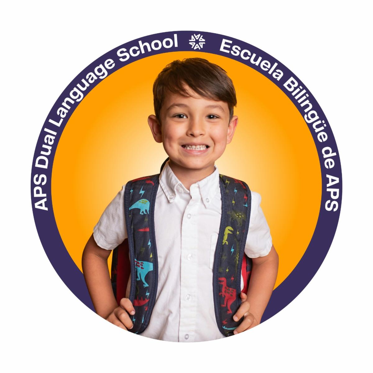 Escuela Bilingüe Betty Benavidez APS Dual Language School logo with a smiling student wearing a backpack