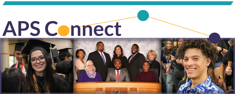 APS Connect Banner for January 30, 2025 with photos of some students and the Board of Education 