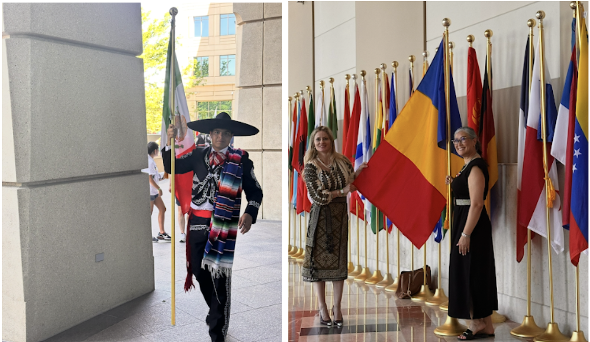 with a man in traditional Mexican clothing carrying a Mexican flag in the left photo and two women presenting various national flags in the second photo