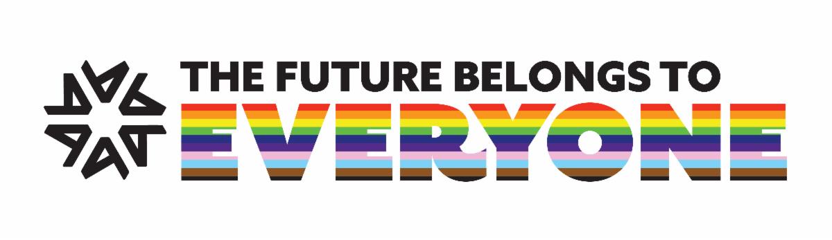 Pride Month banner with the APS pinwheel logo and the phrase The Future Belongs to Everyone