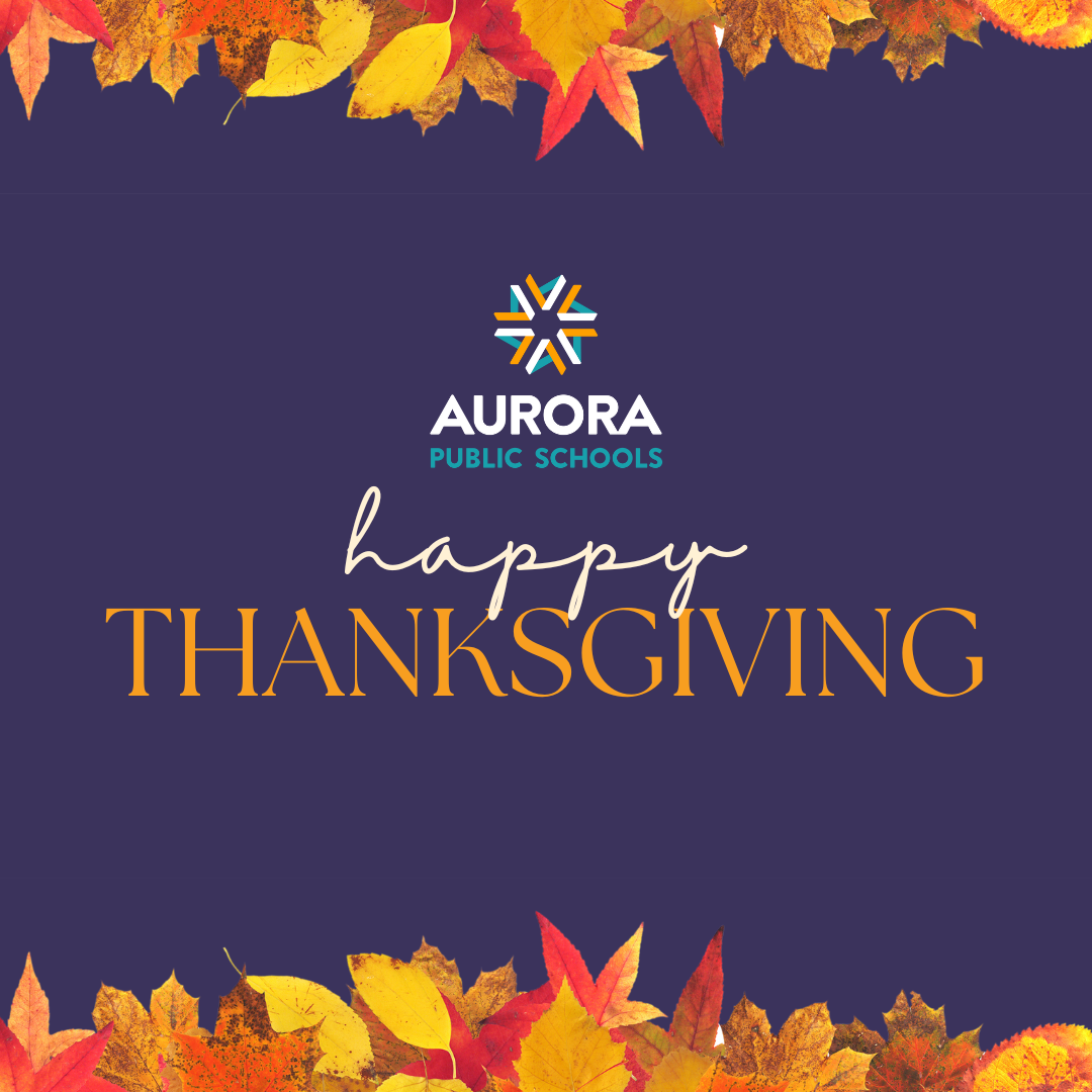 Happy Thanksgiving Graphic 2025-26 with two rows of fall leaves and the APS logo