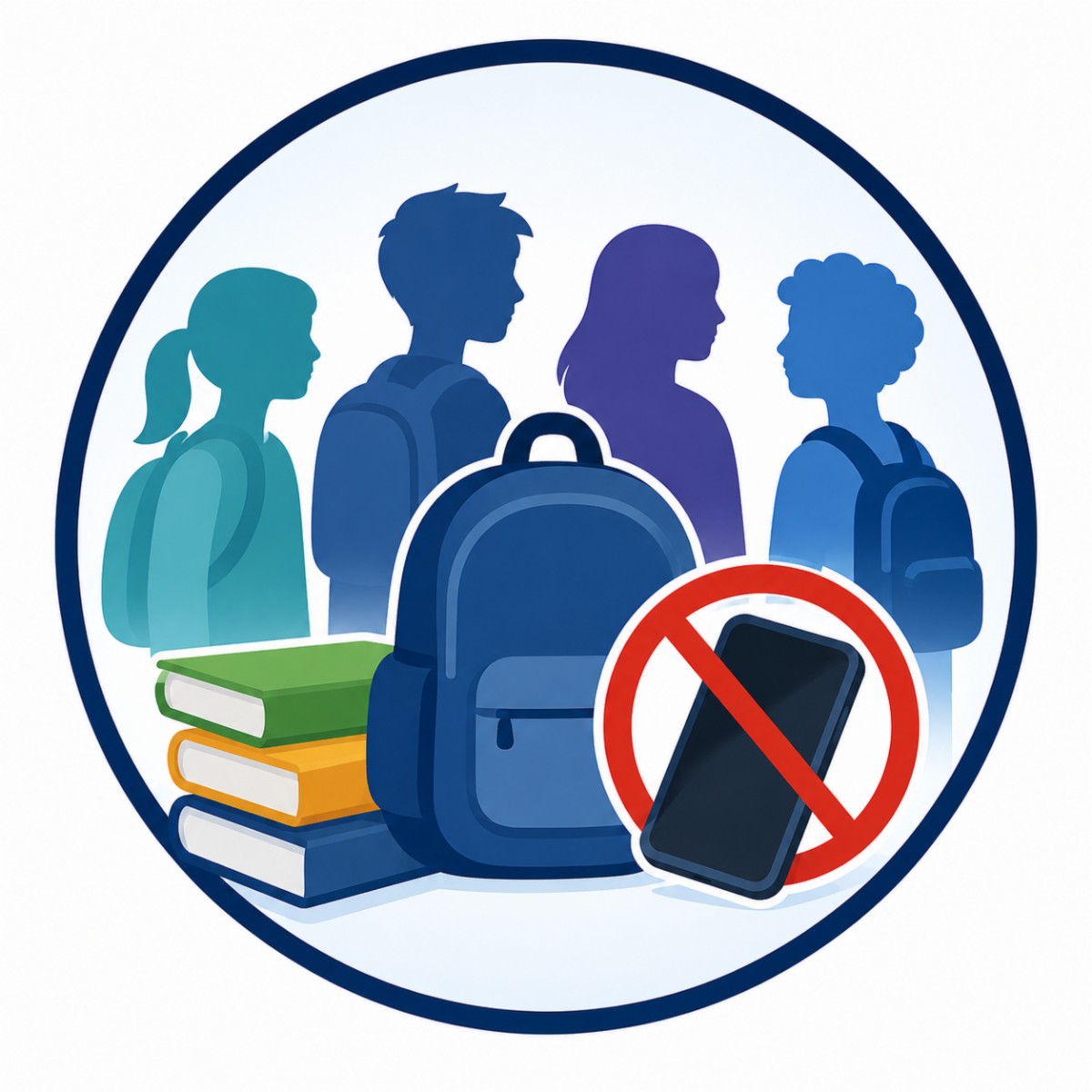 Clipart drawing of students wearing backpacks and a cellphone crossed out.