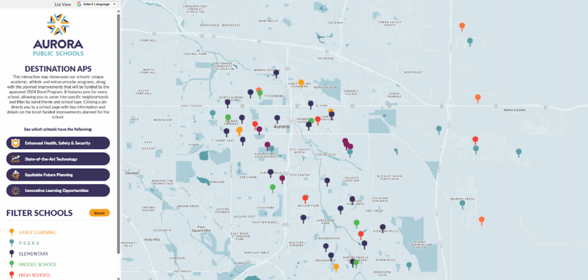 screenshot of Destination APS Interactive Schools Bond Map