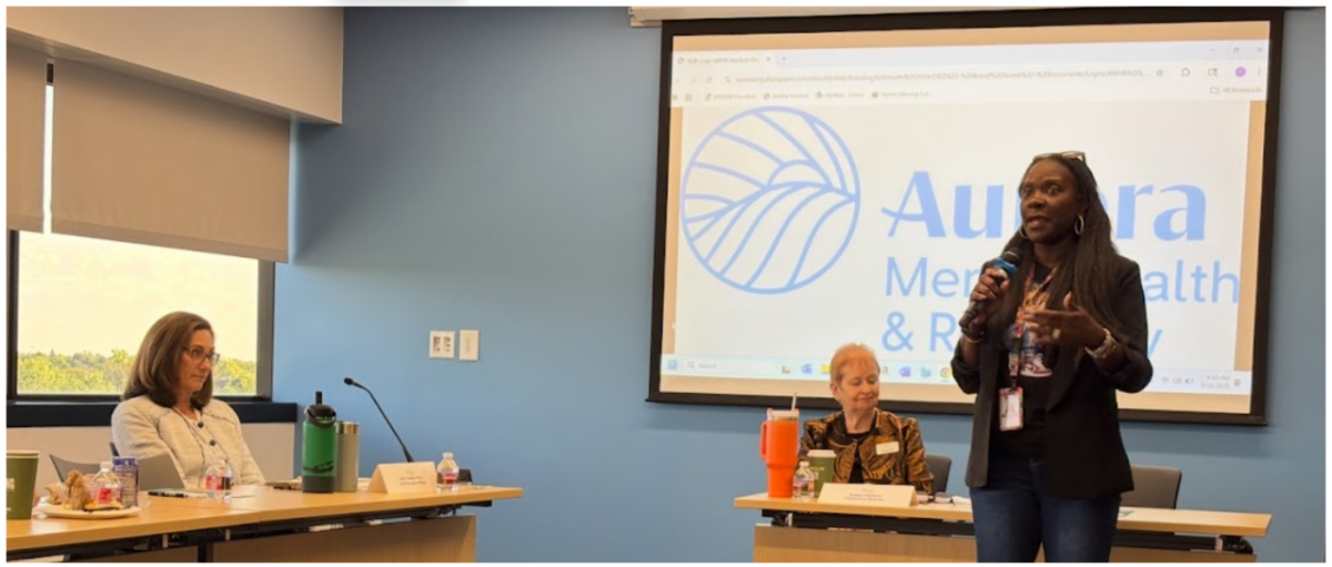 Board Secretary Gayla Charrier at right presenting at a recent mental health forum