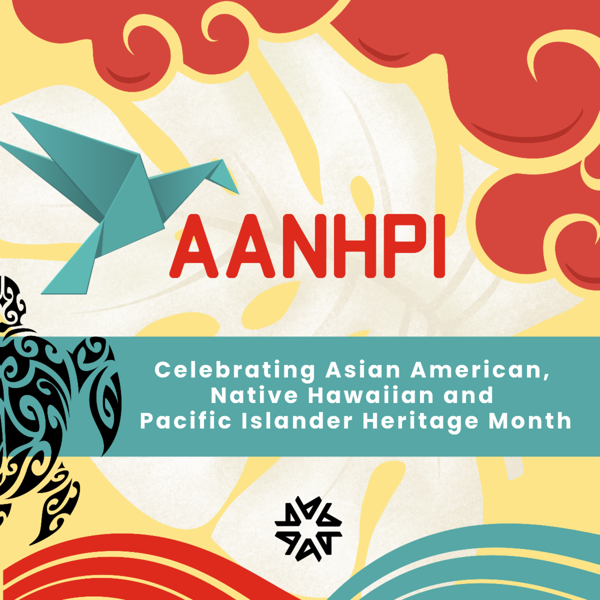 Banner for Celebrating Asian American, Native Hawaiian and Pacific Islander Heritage Month with the acronym AANHPI and drawings of an origami bird and a stylized turtle