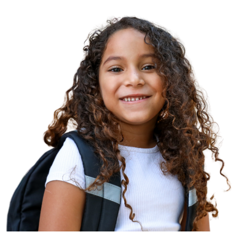 student with backpack at school fair.