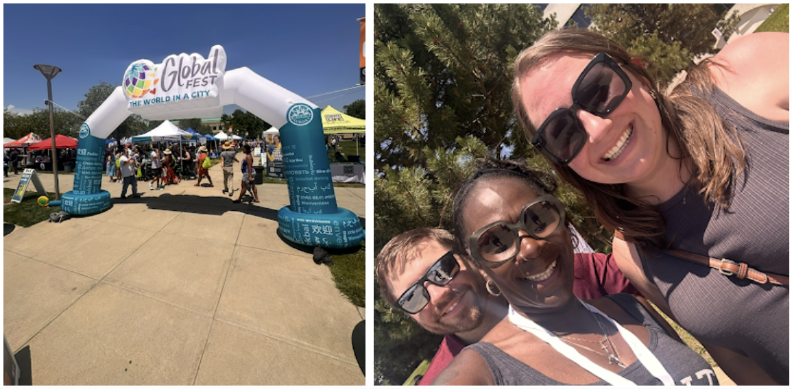 Global Fest entryway and Board Secretary Gayla Charrier with colleagues at the event