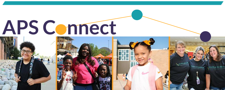 APS Connect Banner for August 7 2026 with a collage of students, parents and staff members on the first day of school