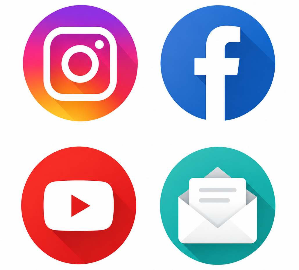 Social media icons for Instagram, Facebook, YouTube and Email