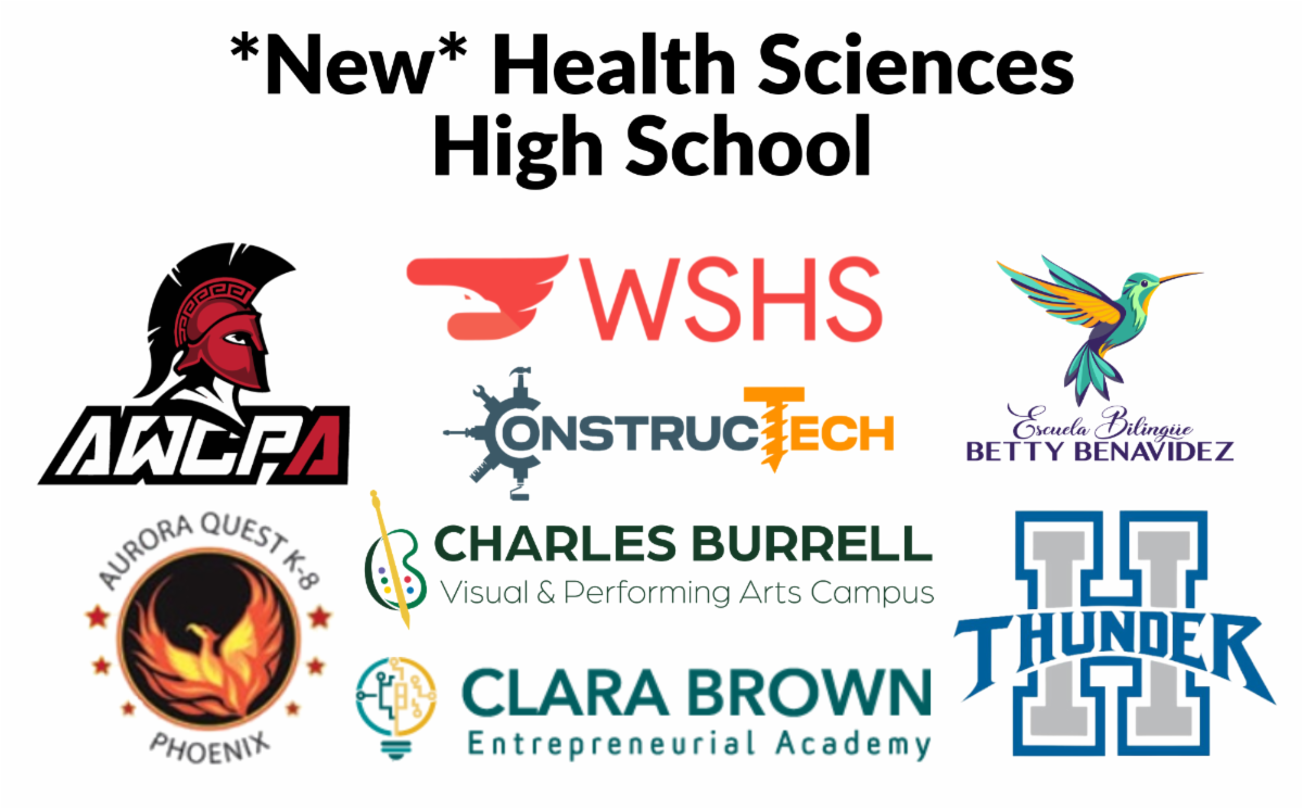 Logos for Escuela Bilingüe Betty Benavidez, Health Sciences High School, Aurora West College Preparatory Academy, William Smith H.S., ConstrucTech, Aurora Quest K-8, Charles Burrell Visual & Performing Arts Campus, Clara Brown Entrepreneurial Academy, and Hinkley H.S.