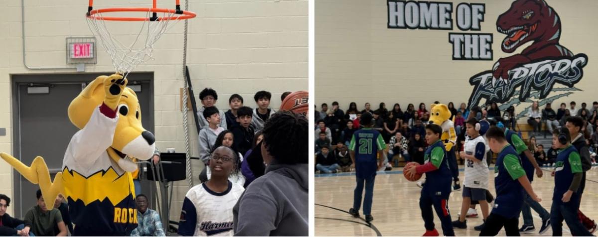 unified sports students playing basketball with rocky the denver nuggets mascot