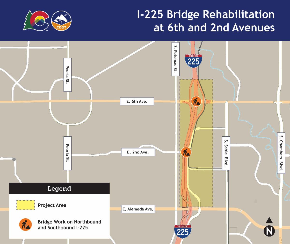 This map of I-225 bridge rehabilitation project area along I-225 from Sixth to Alameda avenues links to a webpage with more information on the project.