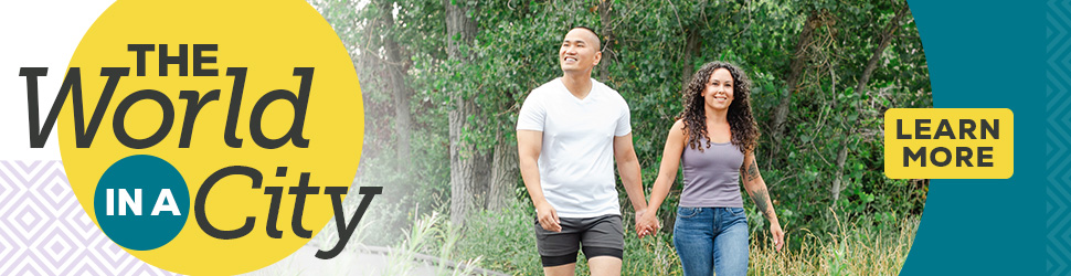 Couple walking enjoying outdoors in Aurora with link for more information 