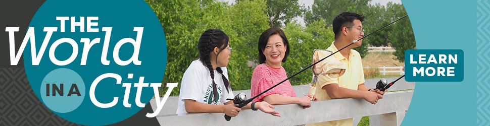 This image of a man and woman and child fishing from a bridge in Aurora contains the words The World in a City and links to the Go Aurora website for more information about things to explore in Aurora