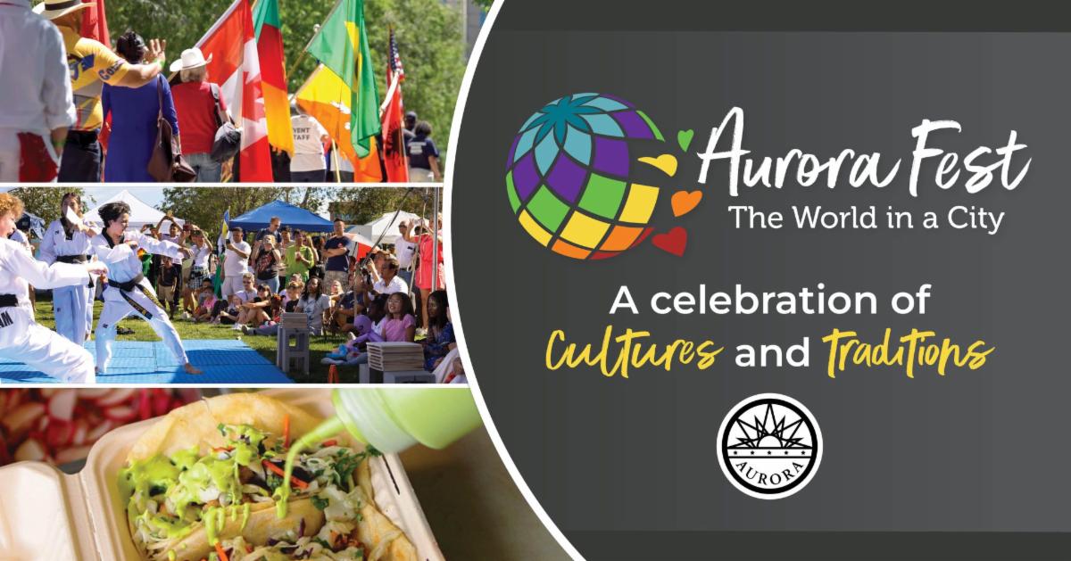This image of Parade of Nations participants, performers and community members with the event logo links to a webpage on Aurora Fest