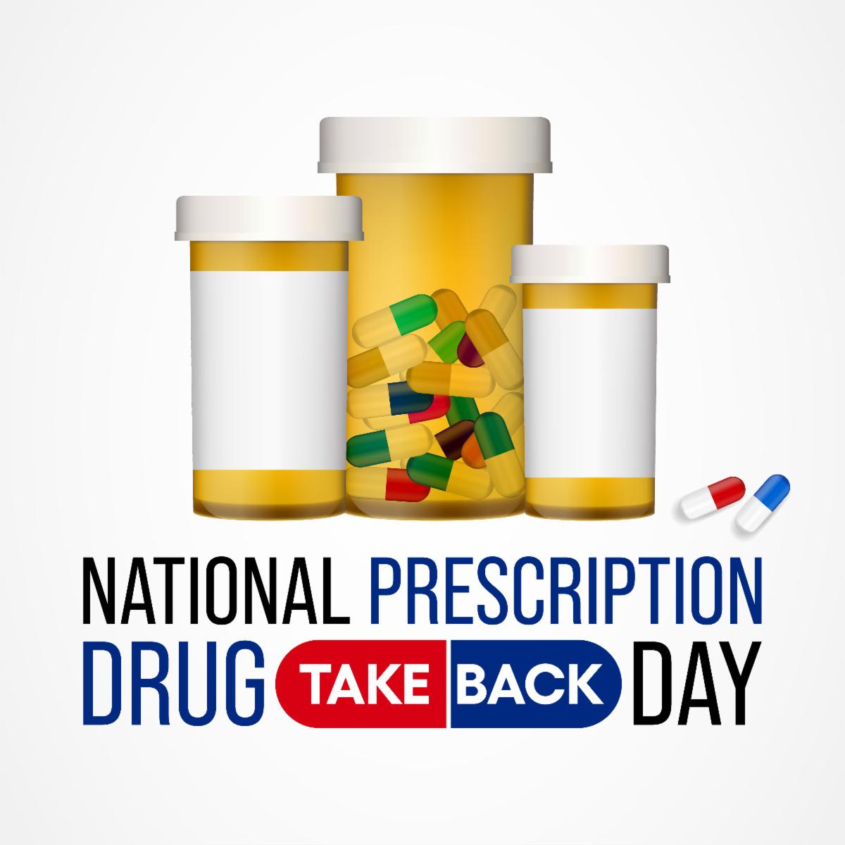 Prescription containers filled with pills and the text National Prescription Drug Take Back Day links to a page with more information