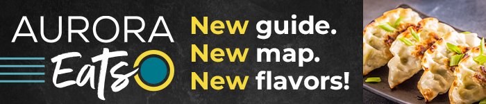 This image of a plate of empanadas contains text that says Aurora Eats and New guide and New map and New flavors and links to the Aurora Eats website