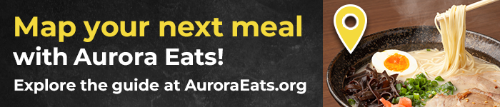 This image of a bowl of ramen contains text that says Map your next meal with Aurora Eats and explore the guide at Aurora Eats dog org and links to the Aurora Eats website