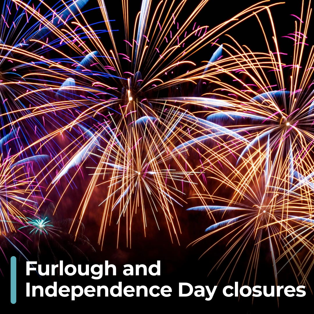 This graphic of a fireworks image with the words Furlough and Independence Day closures links to a webpage with more information