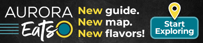 This graphic of a map pin contains text that says Aurora Eats and New guide and New map and New flavors and Start exploring and links to the Aurora Eats website