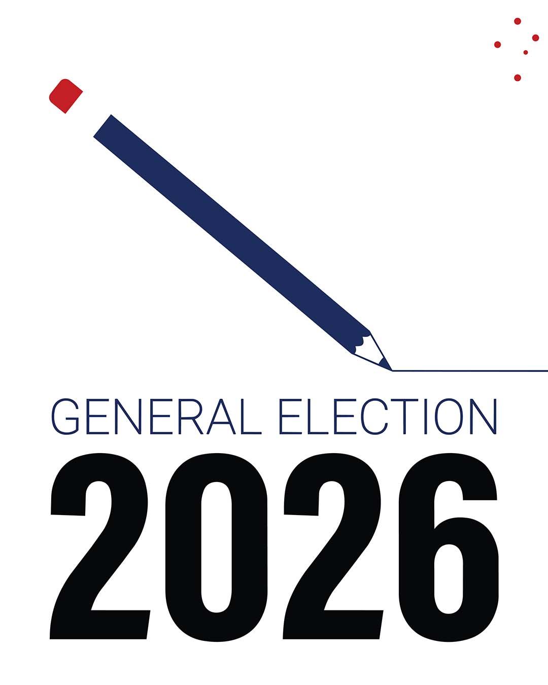 This image of a pencil drawing a line and the text General Election 2026 links to page with more information