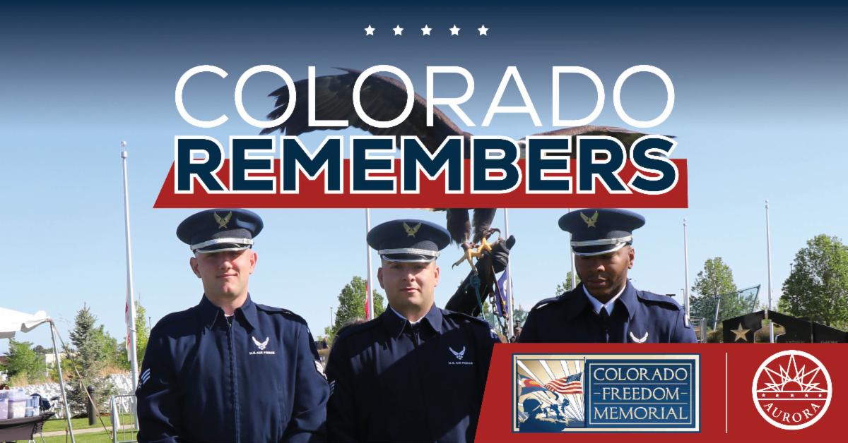 This image of three military service members stand at the Colorado Freedom Memorial with an eagle spreading its wings links to more information about the Colorado Remembers event